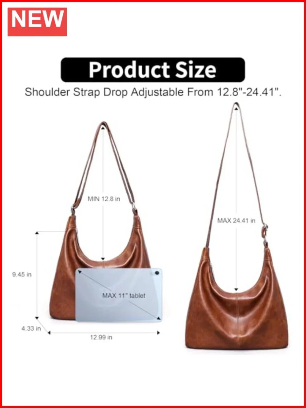 Vegan Leather Slouchy Hobo Bag with Adjustable Strap Travel Tote